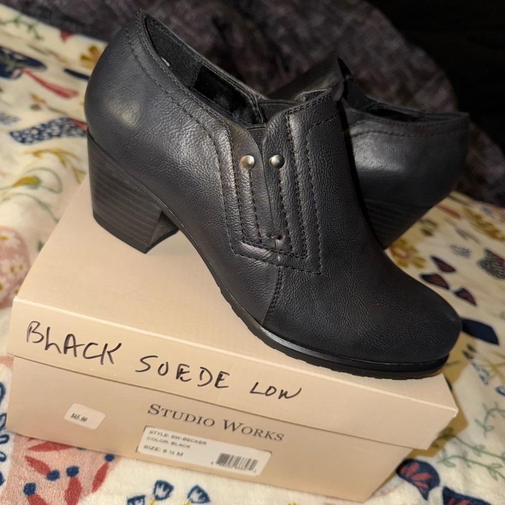 Studio Works Black Leather Mini Heeled Booties Women Becker 6.5 NEW NWT